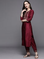 Indo Era Women Magenta Ethnic Motifs Embroidered Kurta with Trousers & With Dupatta - Distacart