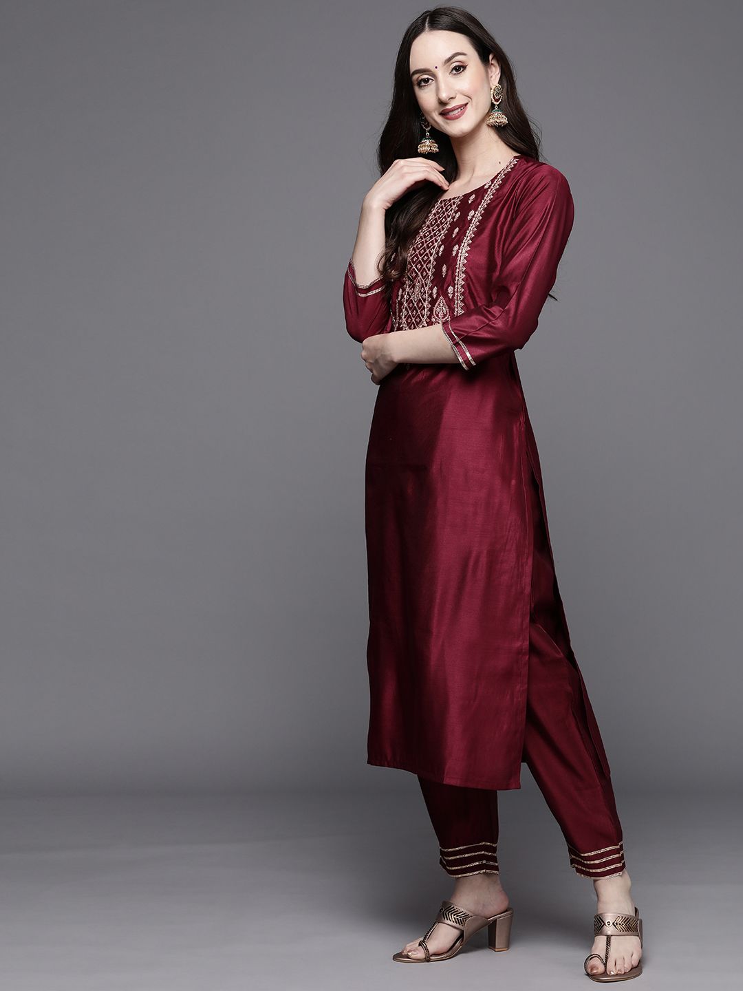 Indo Era Women Magenta Ethnic Motifs Embroidered Kurta with Trousers & With Dupatta - Distacart