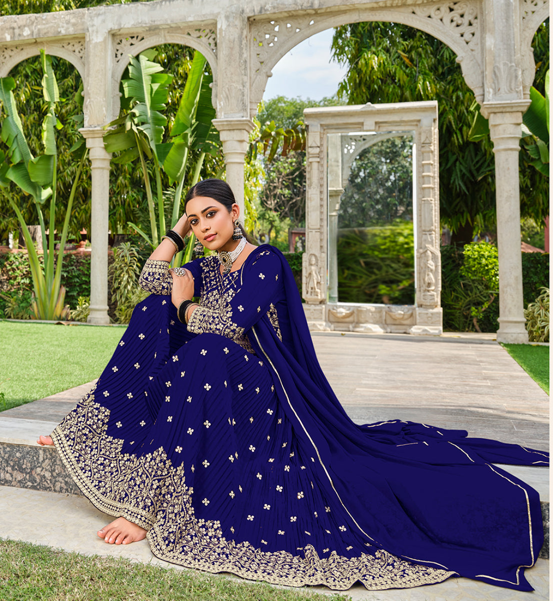 Monjolika Fashion Navy Blue Color Georgette Sequins Work Palazzo Salwar Suit - Distacart