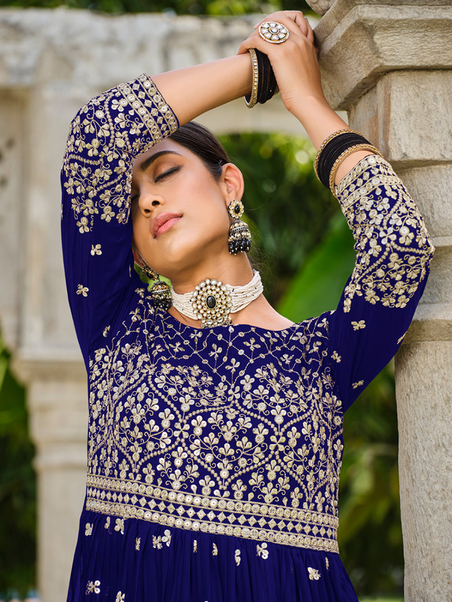 Monjolika Fashion Navy Blue Color Georgette Sequins Work Palazzo Salwar Suit - Distacart