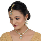 Tehzeeb Creations Back Meenakari Gold-Polished White Color Tika Earring Jewellery Set Uncut Kundan Big Faux Kundan Dibbi Kundan Choker Necklace Set
