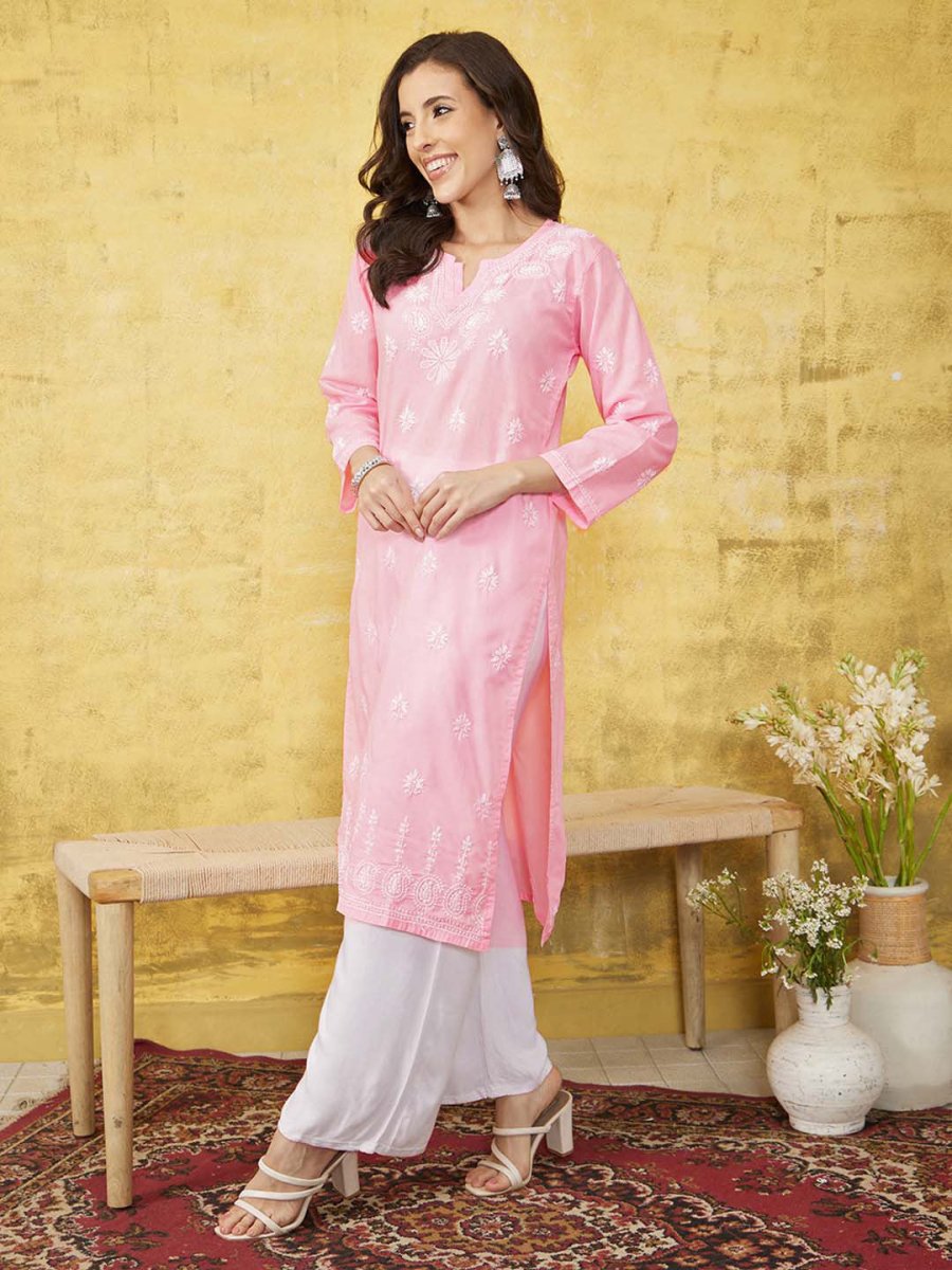 ADA Women Pink & White Chikankari Embroidered Straight Sustainable Handloom Kurta