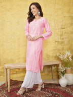 ADA Women Pink & White Chikankari Embroidered Straight Sustainable Handloom Kurta
