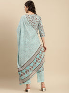Sangria Sea Green & Brown Floral Printed Pure-Cotton Straight Kurta With Trouser & Dupatta