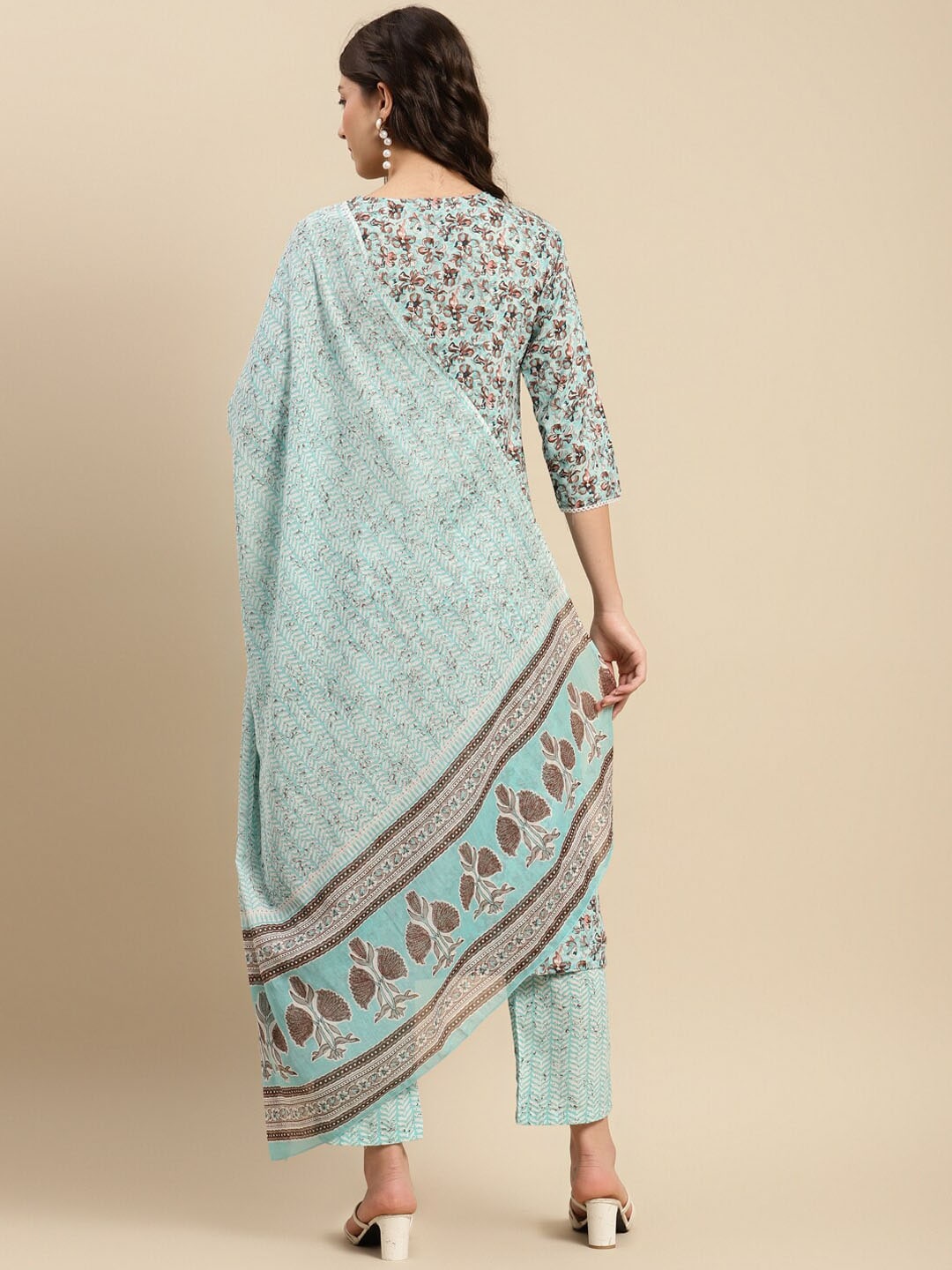 Sangria Sea Green & Brown Floral Printed Pure-Cotton Straight Kurta With Trouser & Dupatta