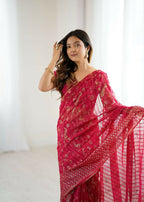 PR Fashion Pink Georgette Patta Plain With Foil Work And Small Lace And Zalar Lace Saree