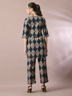 Myshka Women's Multi Printed Cotton Round Neck Party Tunic With Trousers Co-ord set