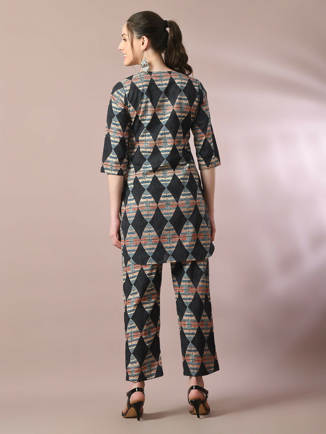Myshka Women's Multi Printed Cotton Round Neck Party Tunic With Trousers Co-ord set