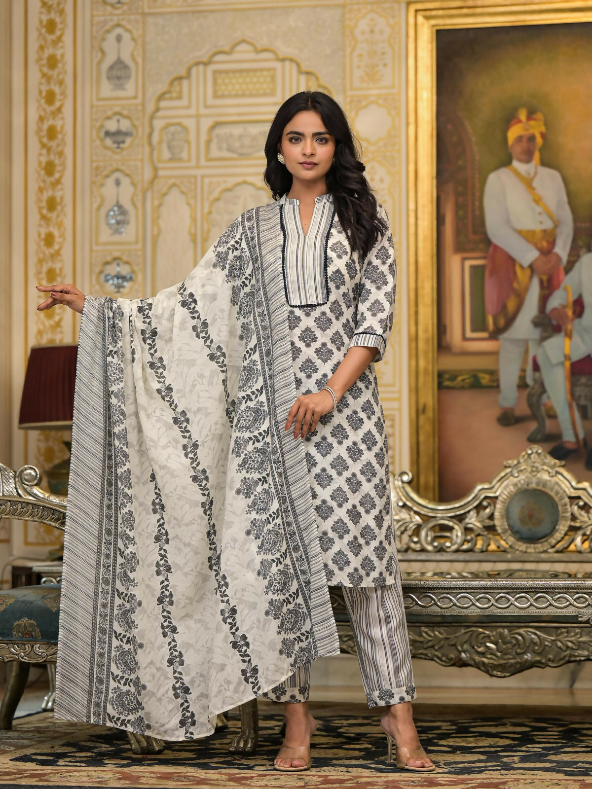 Juniper Women's White Floral Printed Cotton Kurta Pant With Dupatta Set With Lace