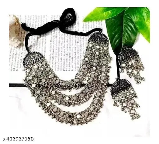Tehzeeb Creations Women's Silver Colour Oxidised Necklace Set With Mirror Work