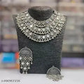 Tehzeeb Creations Women's Silver Colour Oxidised Necklace Set With Mirror Work