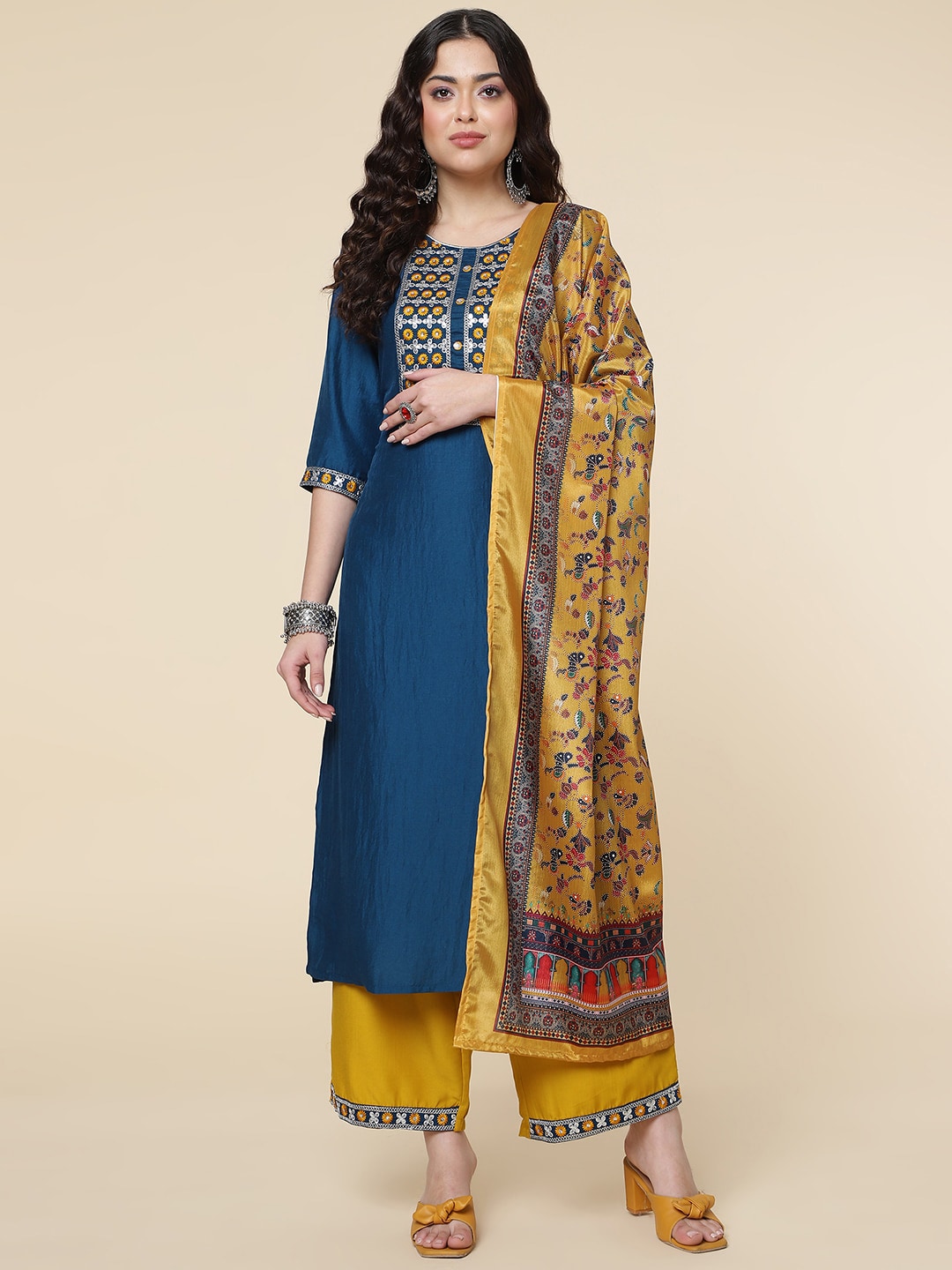 HERE&NOW Ethnic Motifs Embroidered Mirror Work Jute Silk Kurta with Trousers & Dupatta