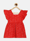 Manet Girls Cotton V Neck Frill Frock Printed - Red