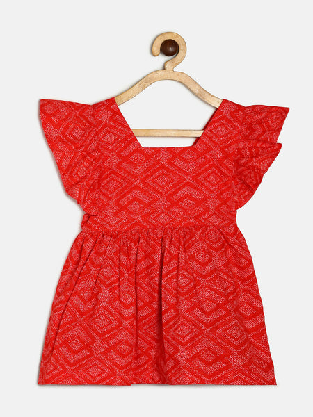 Manet Girls Cotton V Neck Frill Frock Printed - Red