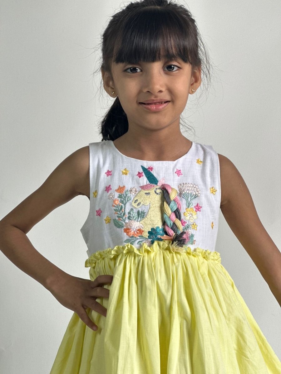 ArthLife White And Yellow Unicorn Embroidered Dress