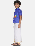 Sethukrishna Boys Blue & White Printed Shirt With Pure Cotton Dhoti Set