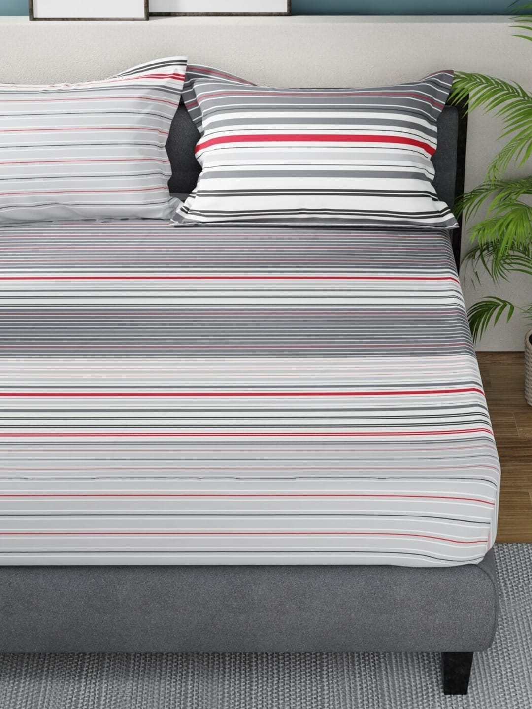 Nautica Bradford Grey & White Striped Cotton 160 TC King Bedsheet With 2 Pillow Covers