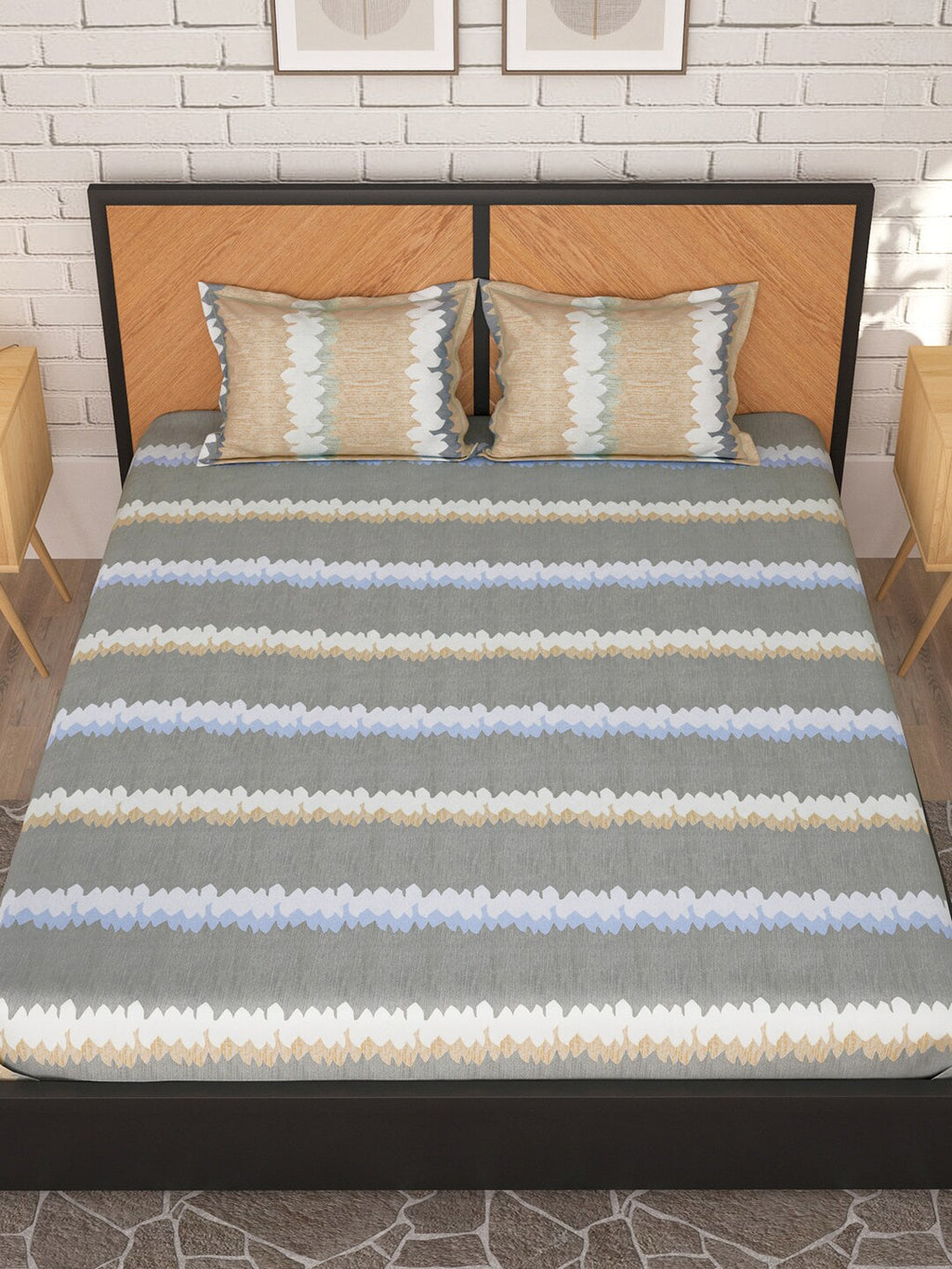 Story@home Grey & Peach-Coloured Striped 180 TC Queen Bedsheet With 2 Pillow Covers - Distacart