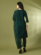 Myshka Women's Green Embroidered Cotton Straight Party Kurta Set With Dupatta
