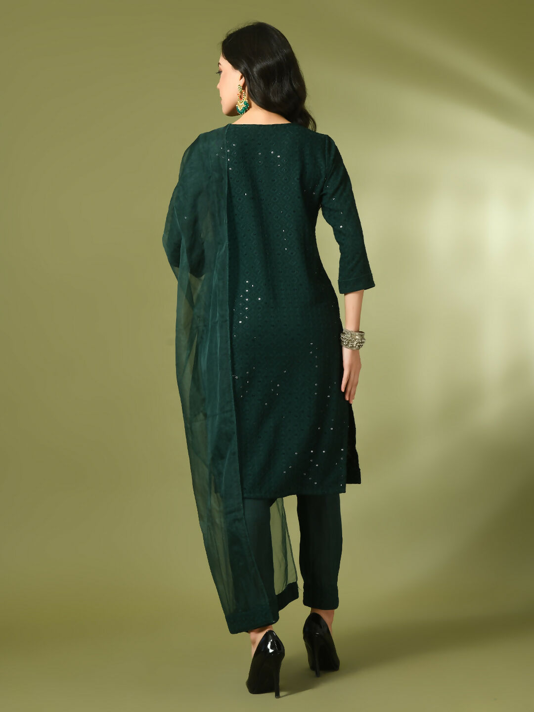 Myshka Women's Green Embroidered Cotton Straight Party Kurta Set With Dupatta