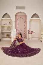 Aastha Fashion Wine Butterfly Net All Over Thread Work, Zari Work And Sandwich Sequence Work Embroidery Wedding Wear Lehenga Choli