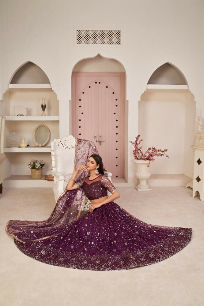 Aastha Fashion Wine Butterfly Net All Over Thread Work, Zari Work And Sandwich Sequence Work Embroidery Wedding Wear Lehenga Choli