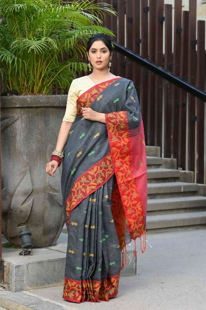 Beatitude Grey Slub Cotton Floral Jamdani Saree