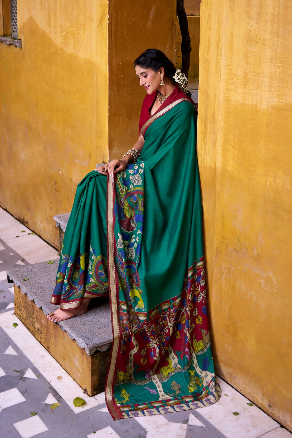 Vastranavya Firozi Viscose Chanderi Kalamkari Print with Zari Working Saree & Unstitched Blouse - Distacart