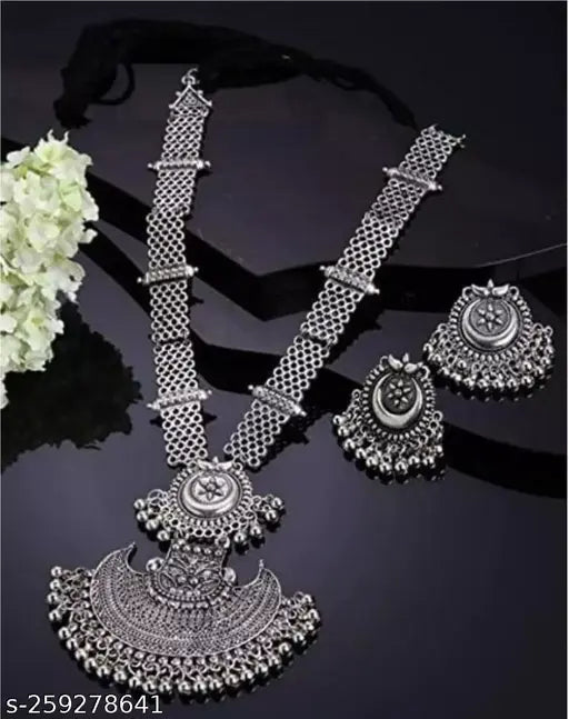 Tehzeeb Creations Women's Bahubali Oxidised Necklace Set With White Pearl