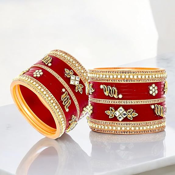 Tehzeeb Creations Bridal Bangle set Wedding punjabi chuda Designer chura Kundan Stone with Pearl Maroon Color choora - Distacart