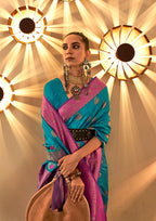 Monjolika Fashion Blue Color Handloom Silk Classic Saree With Blouse