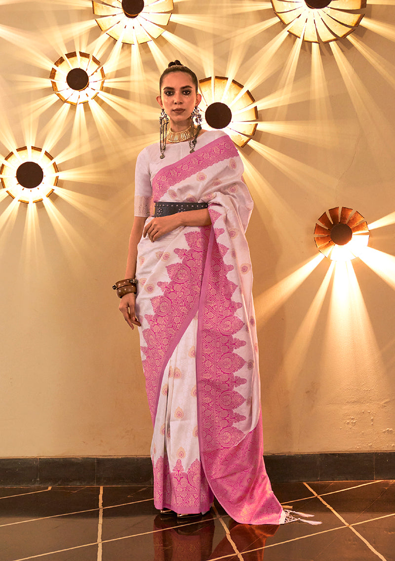 Monjolika Fashion White Color Handloom Silk Classic Saree With Blouse