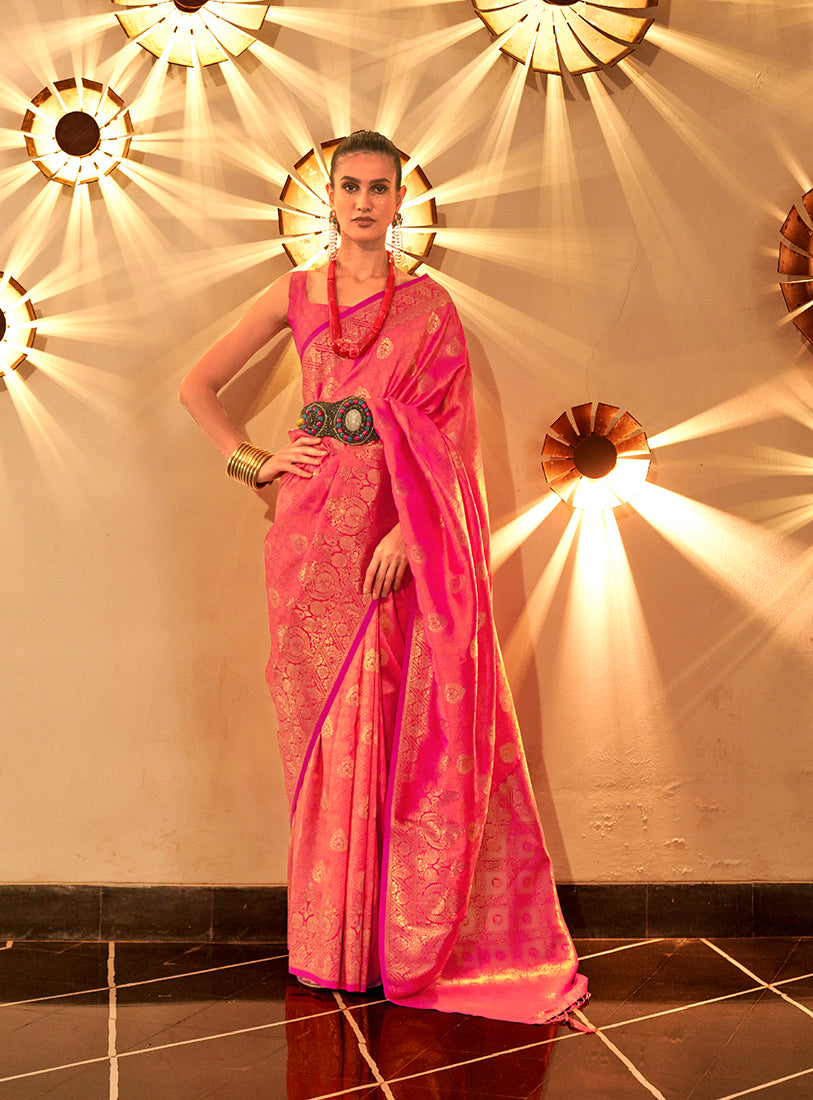 Monjolika Fashion Bright Pink Color Handloom Silk Classic Saree With Blouse - Distacart