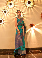 Monjolika Fashion Turquoise Color Handloom Silk Classic Saree With Blouse - Distacart