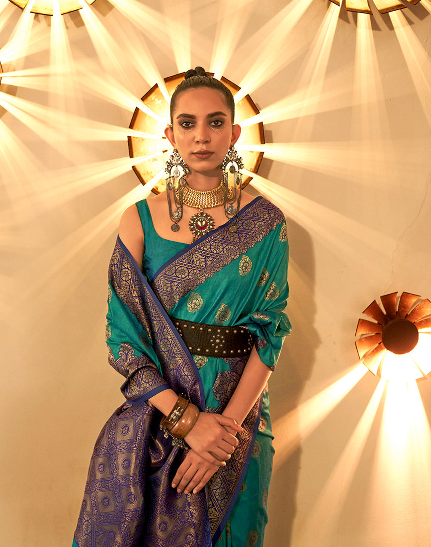 Monjolika Fashion Turquoise Color Handloom Silk Classic Saree With Blouse - Distacart