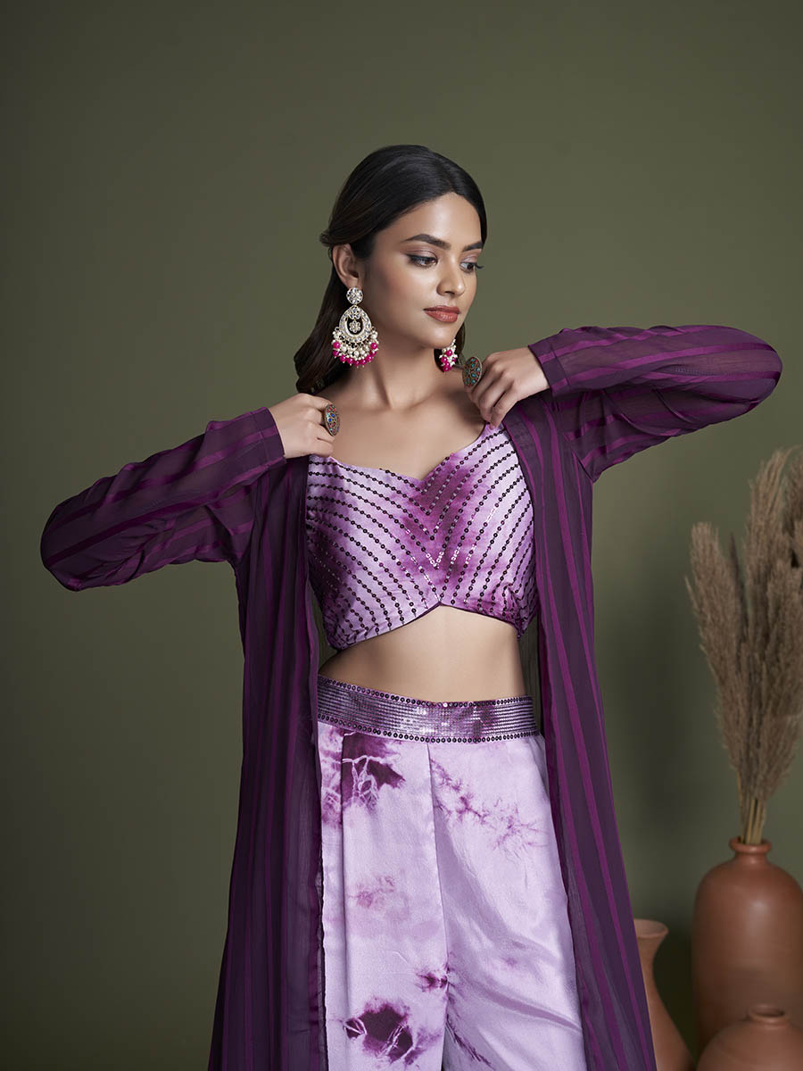 Myra Purple Koti Style Silk and Georgette Embroidered Palazo Suit