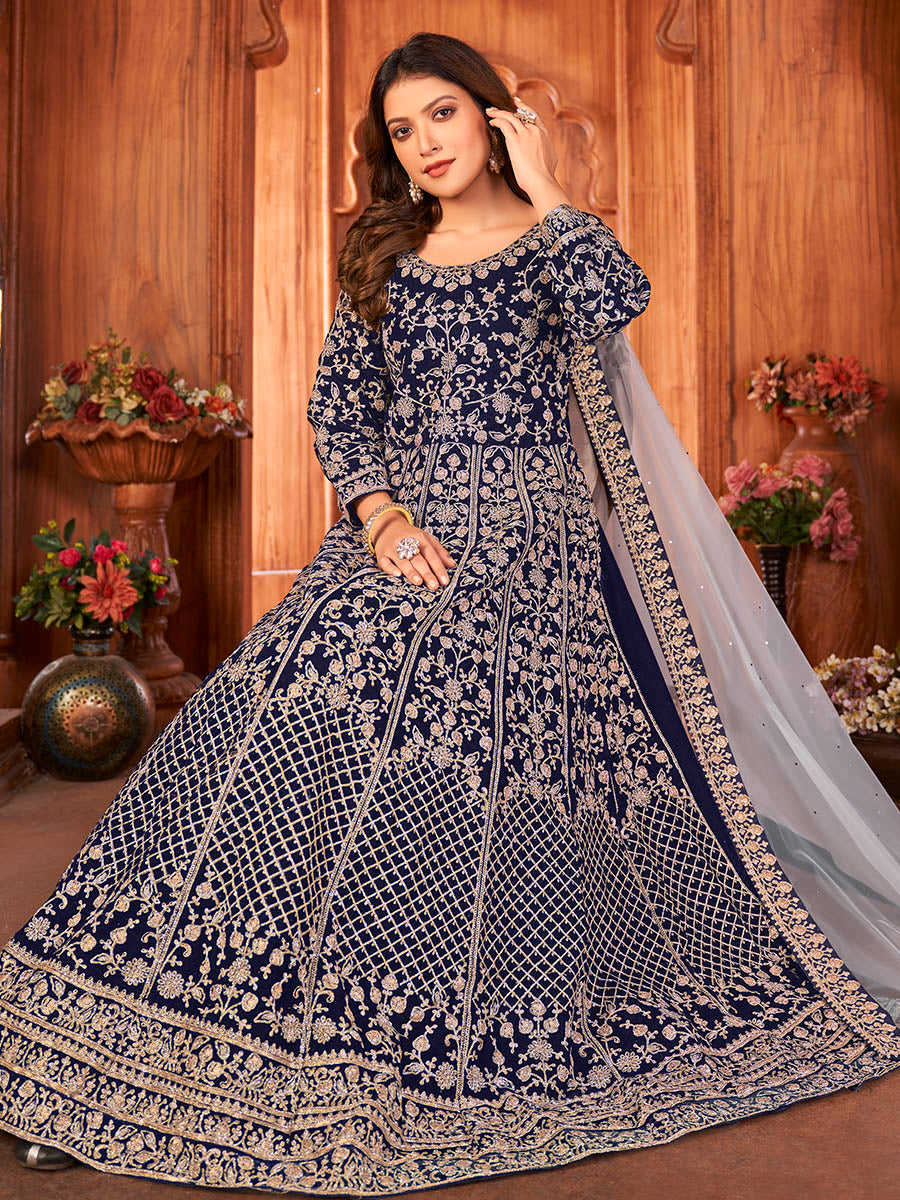 Myra Navy Blue Velvet Embroidered Anarkali Suit