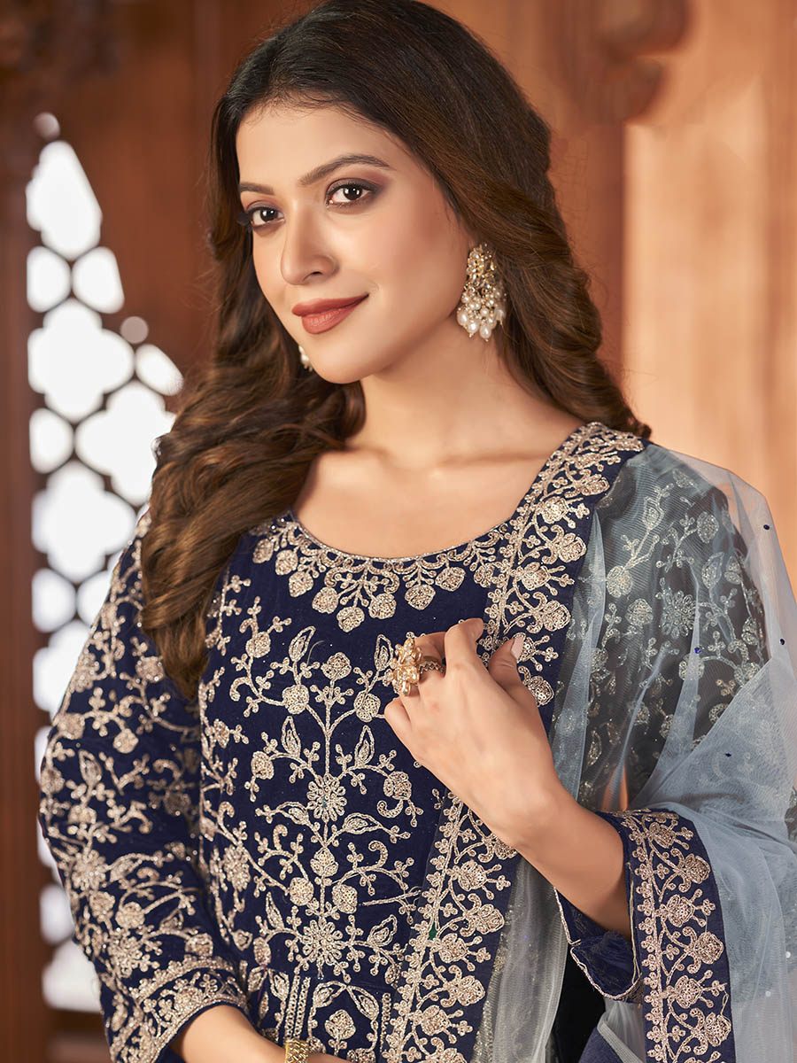 Myra Navy Blue Velvet Embroidered Anarkali Suit