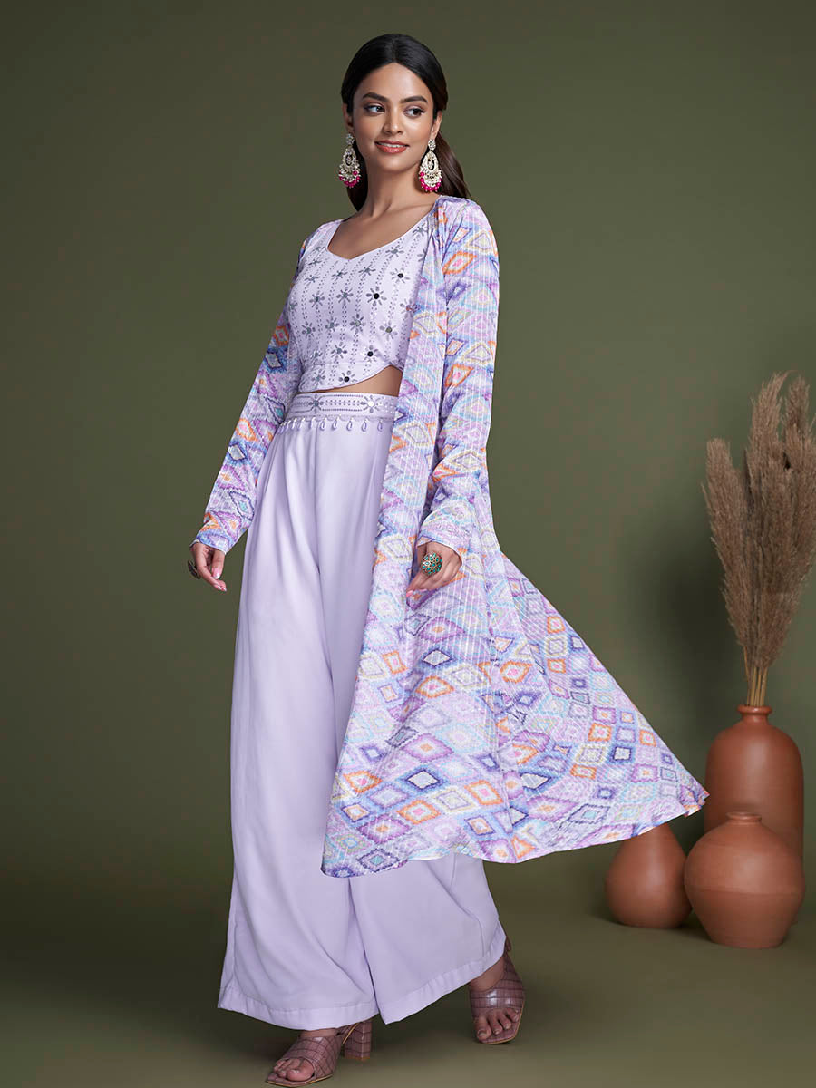 Myra Lavender Koti Style Silk and Georgette Embroidered Palazo Suit