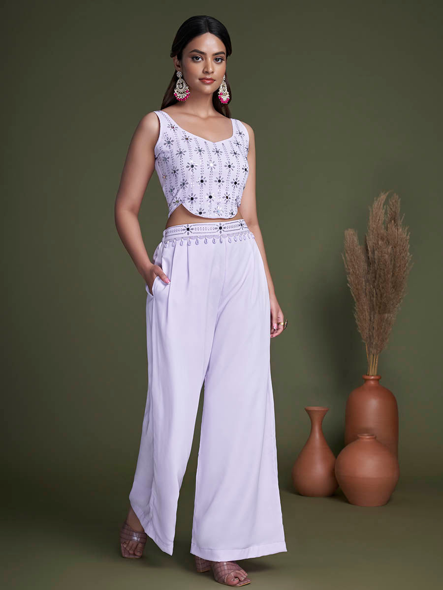 Myra Lavender Koti Style Silk and Georgette Embroidered Palazo Suit