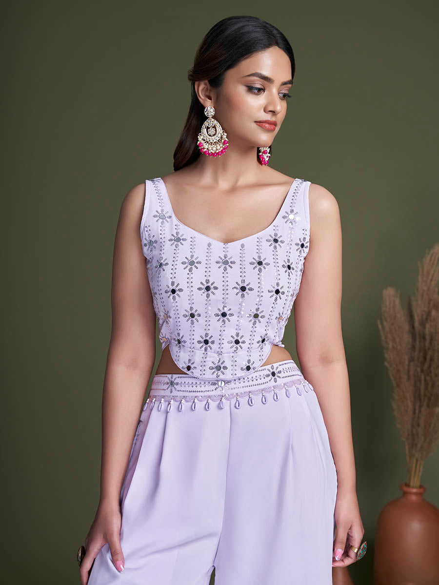 Myra Lavender Koti Style Silk and Georgette Embroidered Palazo Suit