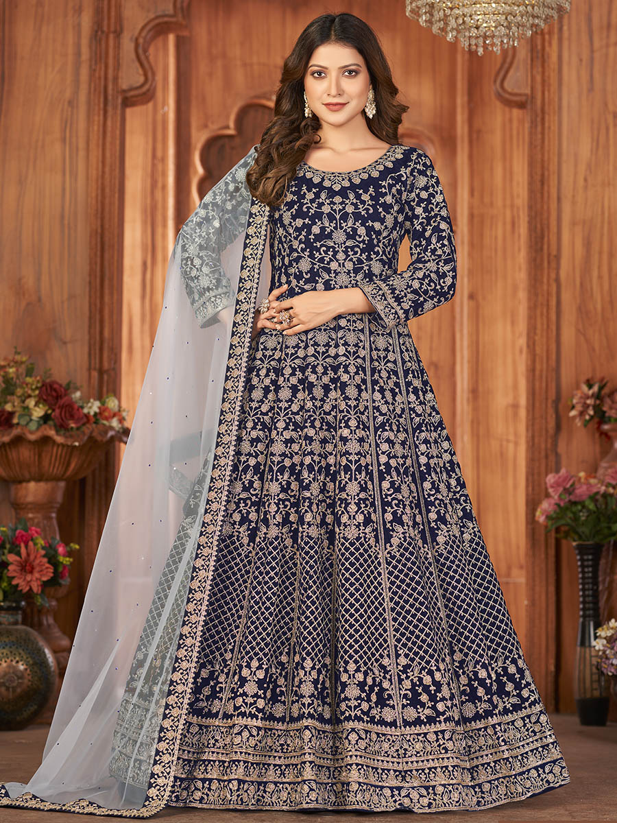 Myra Navy Blue Velvet Embroidered Anarkali Suit