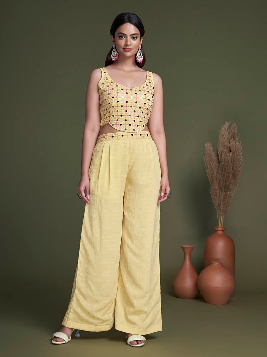 Myra Yellow Koti Style Silk and Georgette Embroidered Palazo Suit
