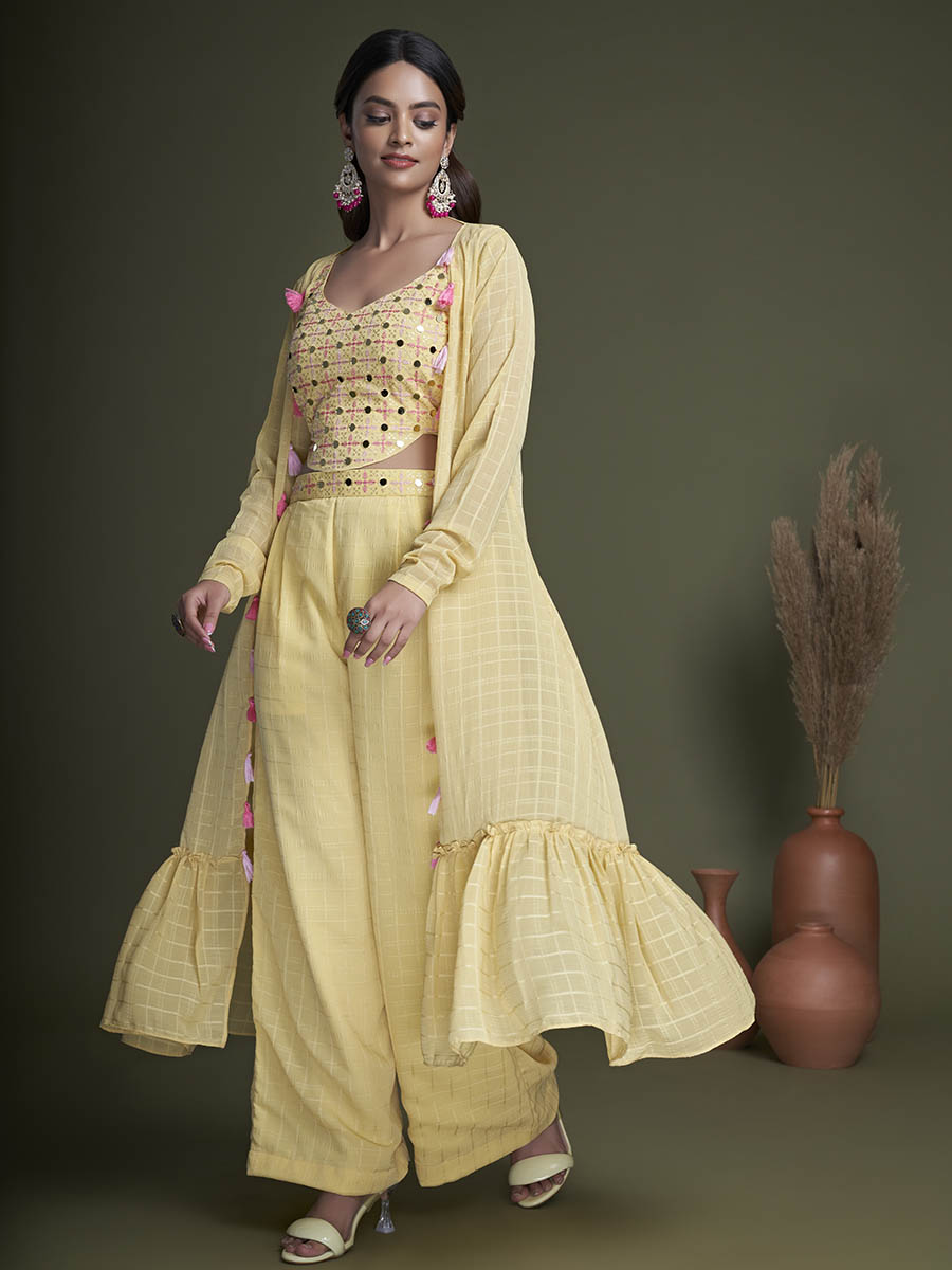 Myra Yellow Koti Style Silk and Georgette Embroidered Palazo Suit