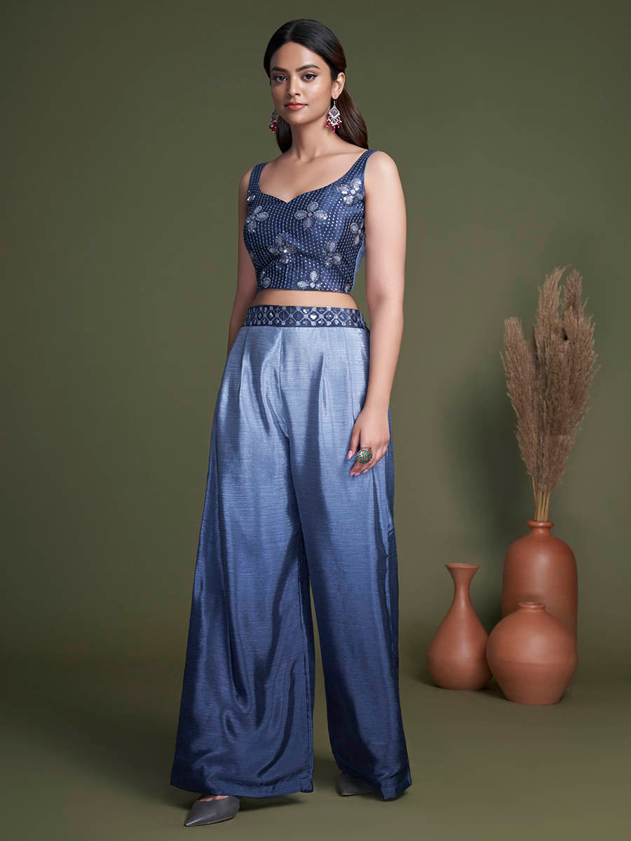 Myra Navy Koti Style Silk and Georgette Embroidered Palazo Suit