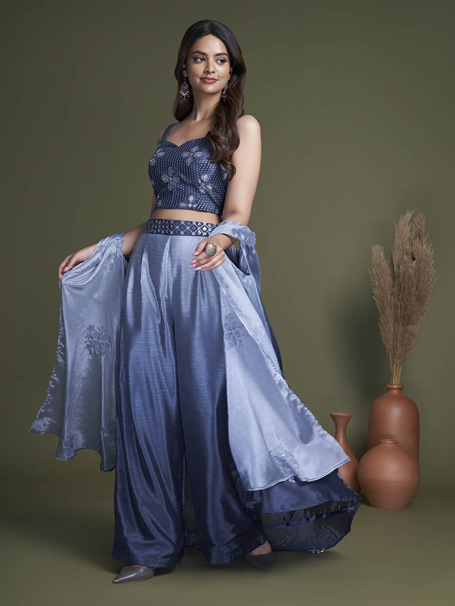 Myra Navy Koti Style Silk and Georgette Embroidered Palazo Suit