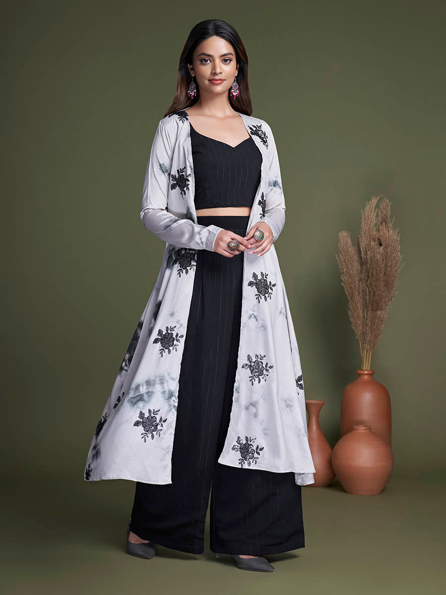 Myra Black and White Koti Style Silk and Georgette Embroidered Palazo Suit