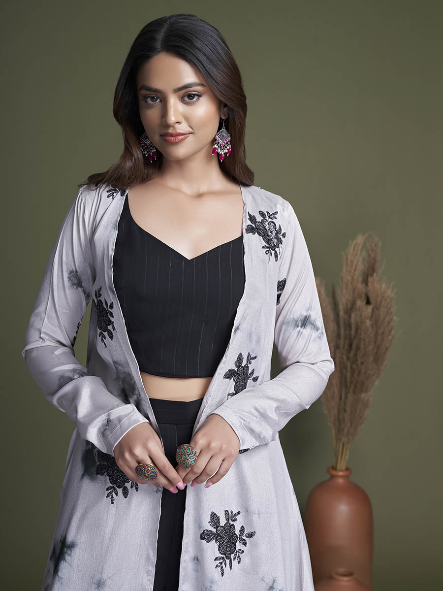 Myra Black and White Koti Style Silk and Georgette Embroidered Palazo Suit