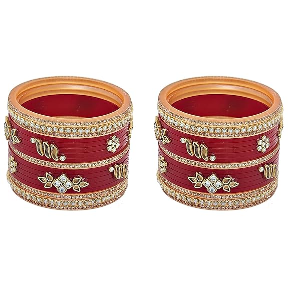 Tehzeeb Creations Bridal Bangle set Wedding punjabi chuda Designer chura Kundan Stone with Pearl Maroon Color choora - Distacart