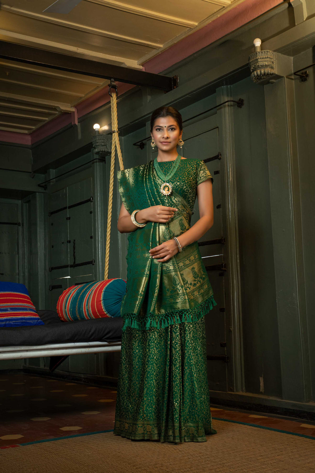 Vardha Myrtle Green Golden Zari Banarasi Satin Silk Saree